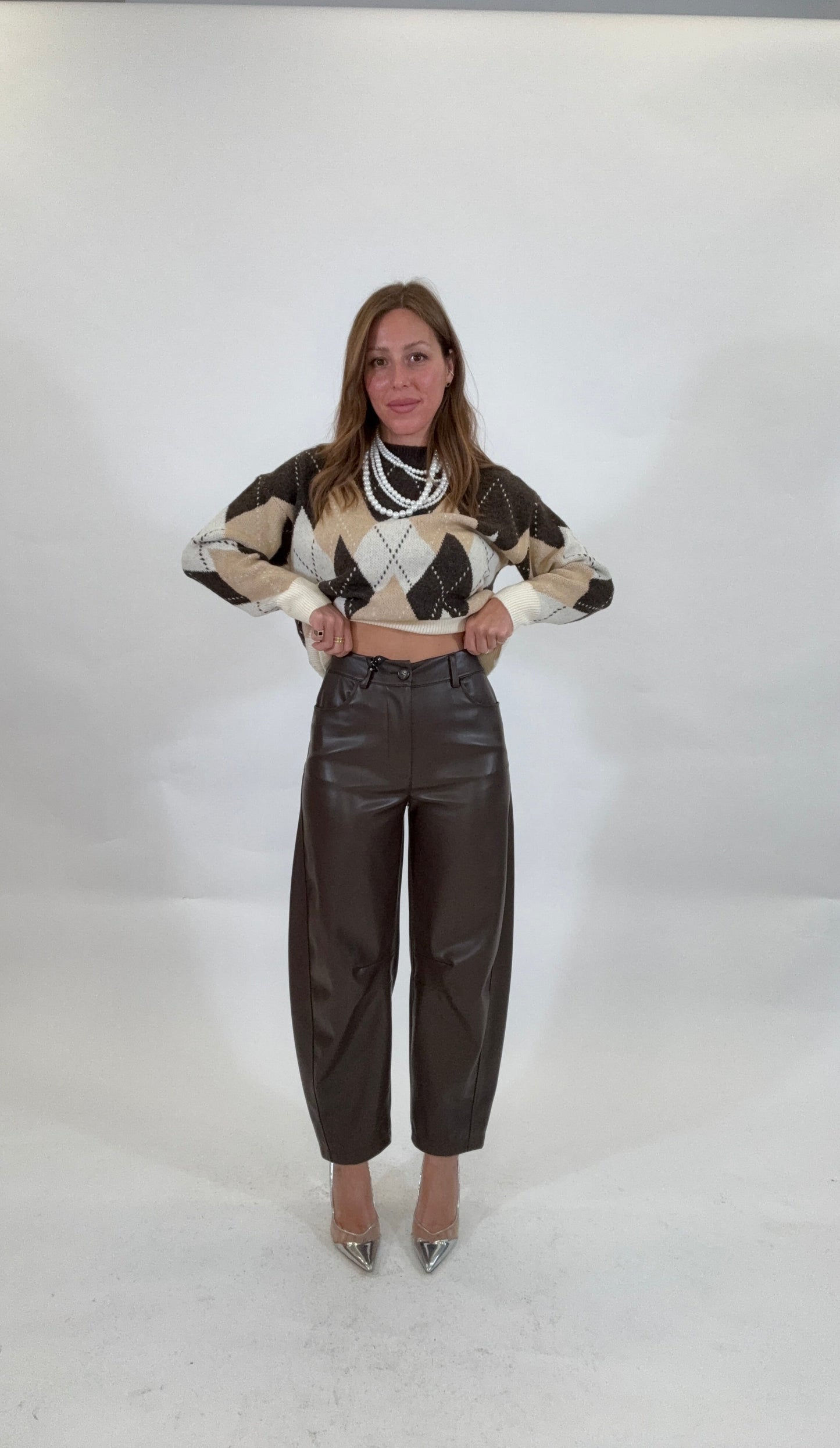 HAVEONE Pantalone Eco-pelle Balloon Marrone