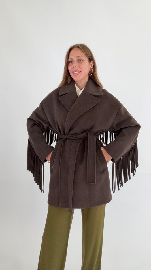 PLEASE Cappotto Frange Cioccolato