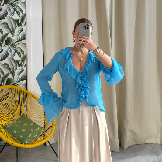 PLEASE Camicia Volant Turchese