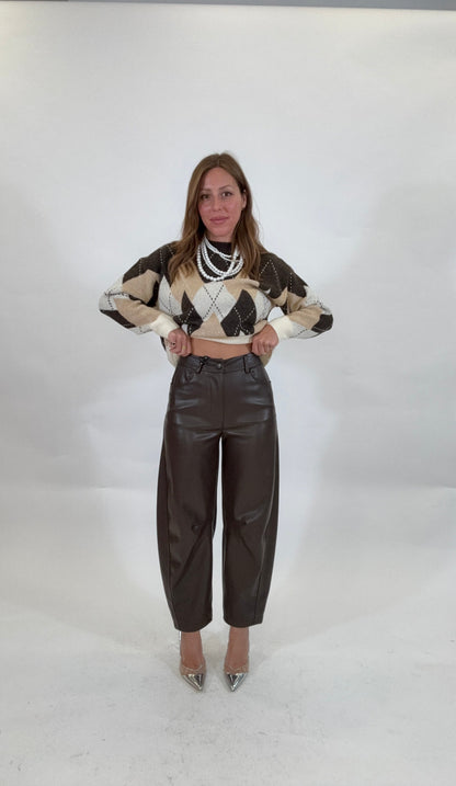 HAVEONE Pantalone Eco-pelle Balloon Marrone