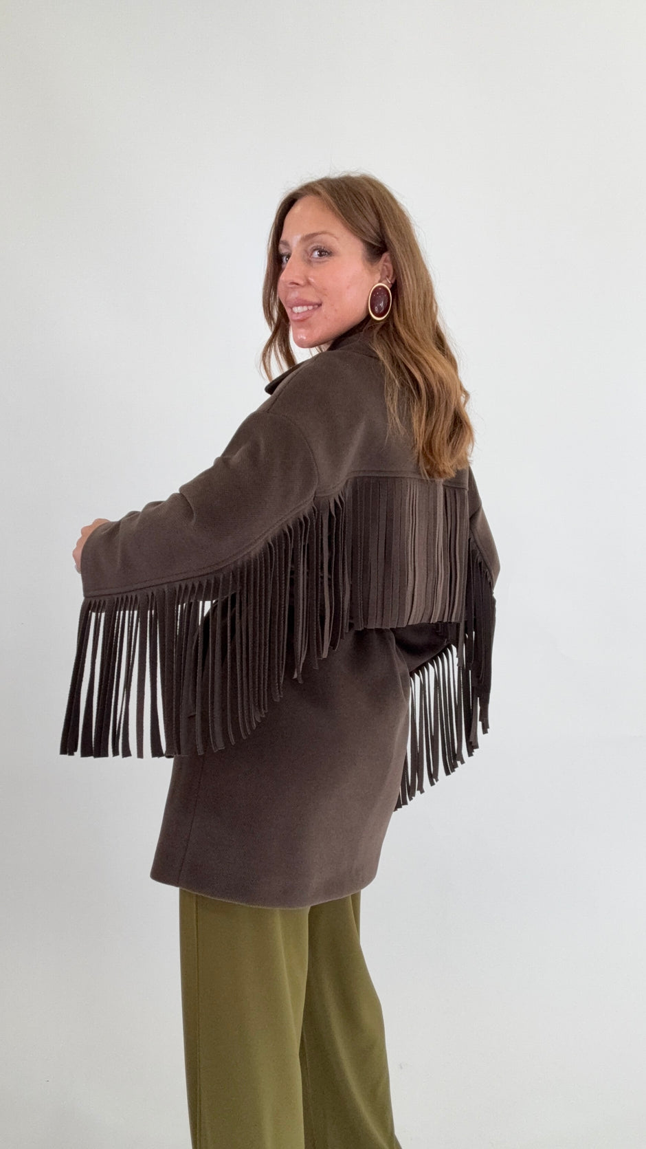 PLEASE Cappotto Frange Cioccolato