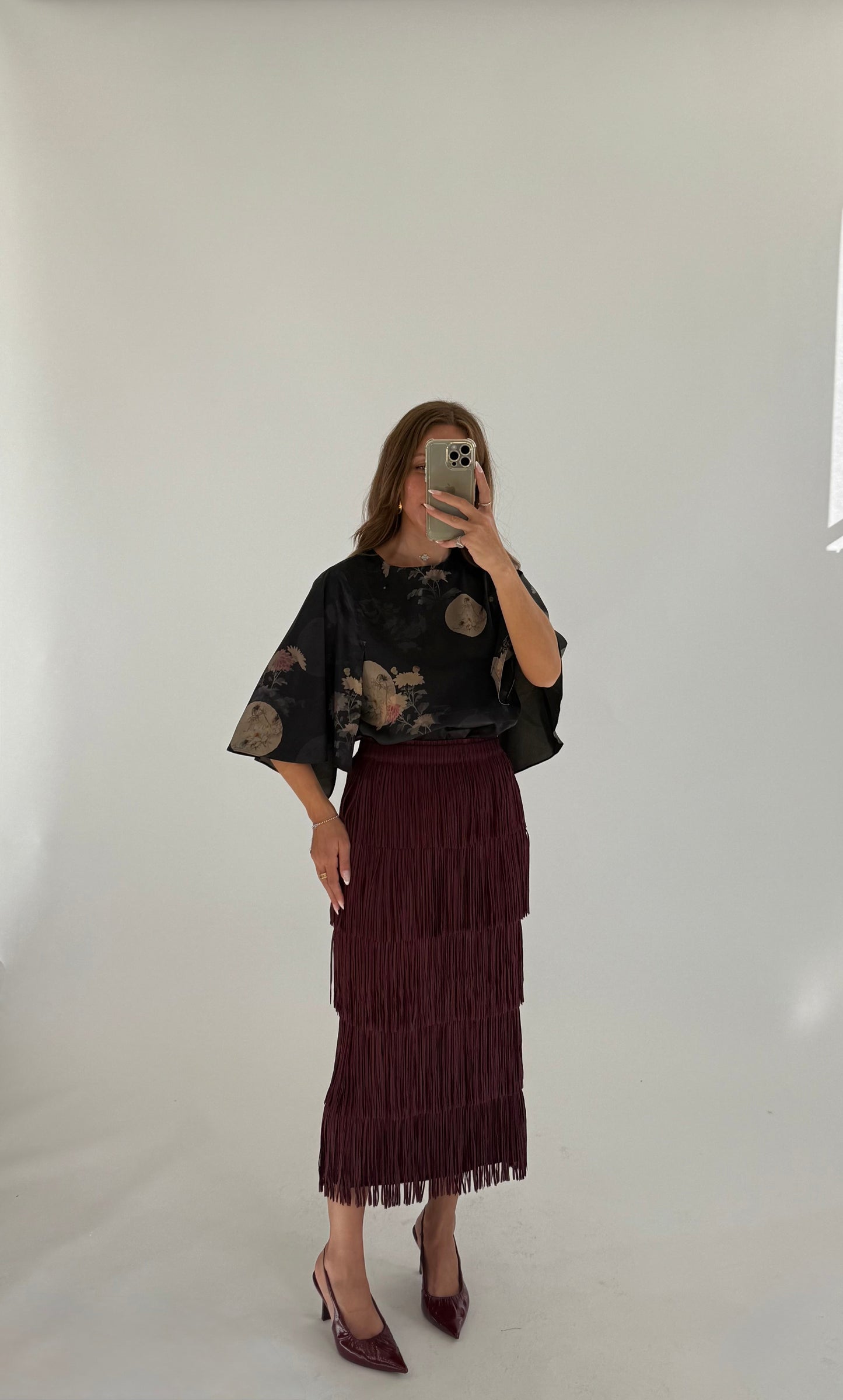 ANONYME Longuette Frange Bordeaux